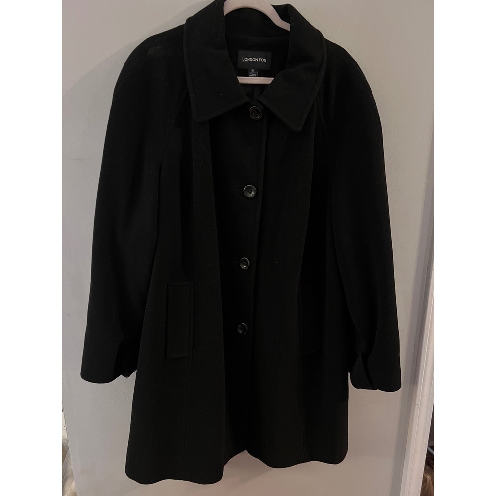 London Fog Pea Coat Women 2X Black Wool Blend Split Back Quality Winter Coat EUC